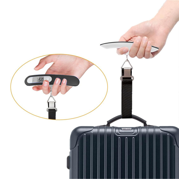 Bilancia digitale portatile per valigie e bagagli. Fino a 50kg.