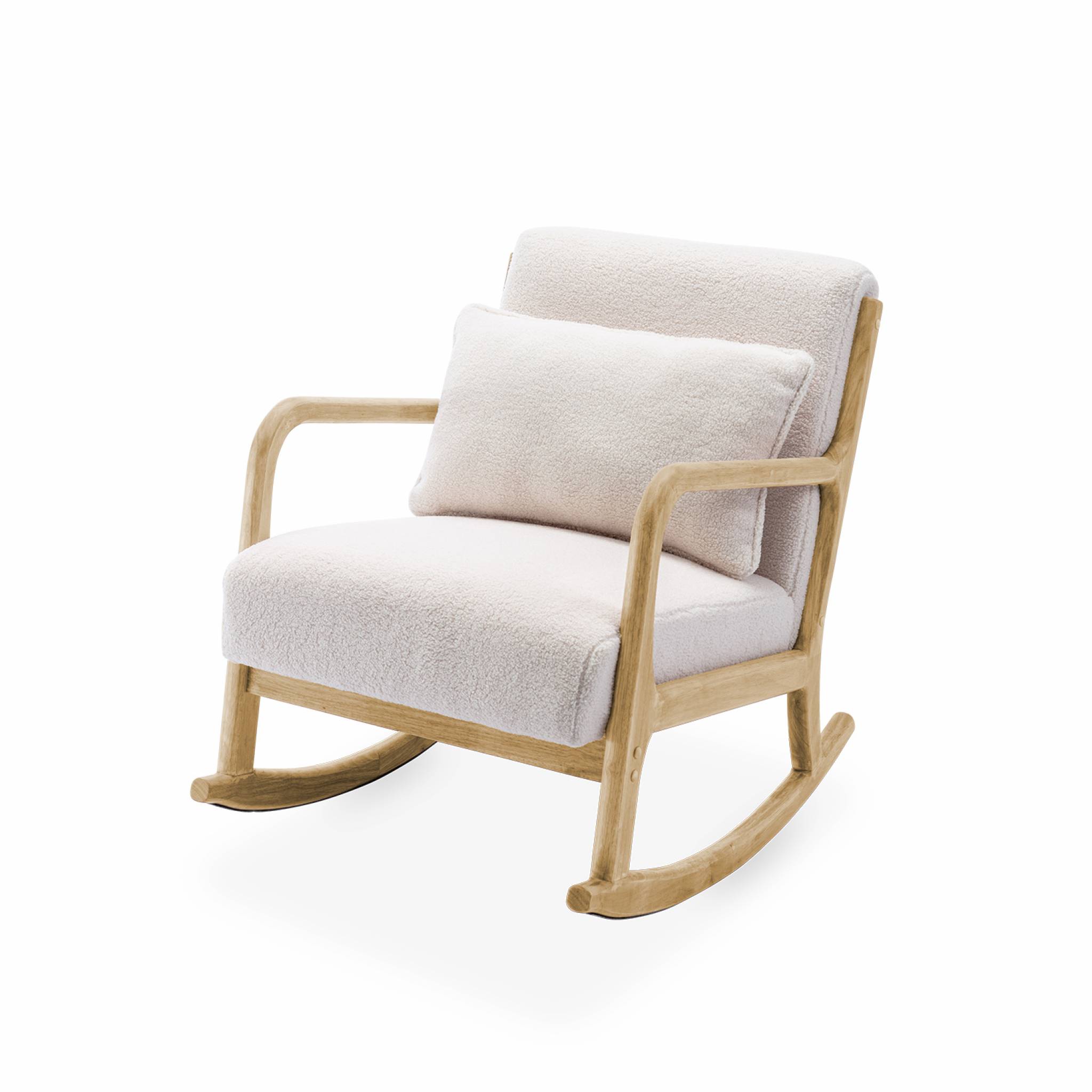 Fauteuil à bascule design en bois et tissu. bouclettes blanches. 1 place. rocking chair scandinave