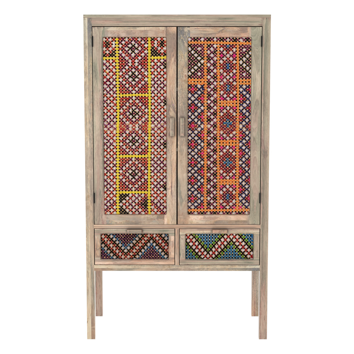 Armoire 2 portes 2 tiroirs en manguier et cannage coloré - Massaï