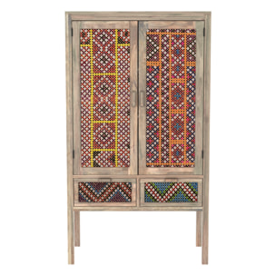 Armoire 2 portes 2 tiroirs en manguier et cannage coloré - Massaï