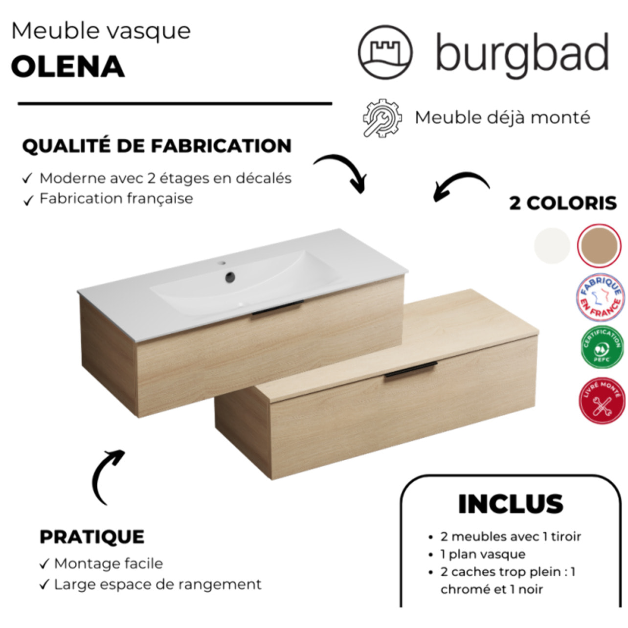 Meuble vasque 120 cm BURGBAD Olena en décalé chêne