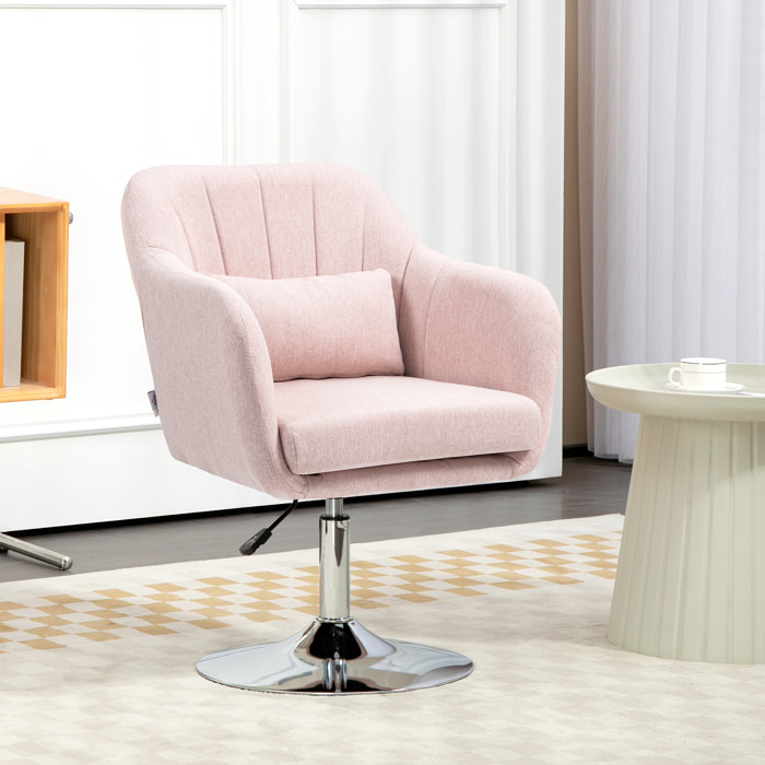 Fauteuil lounge design grand confort coussins lombaires hauteur réglable pivotant 360° piètement métal chromé lin rose