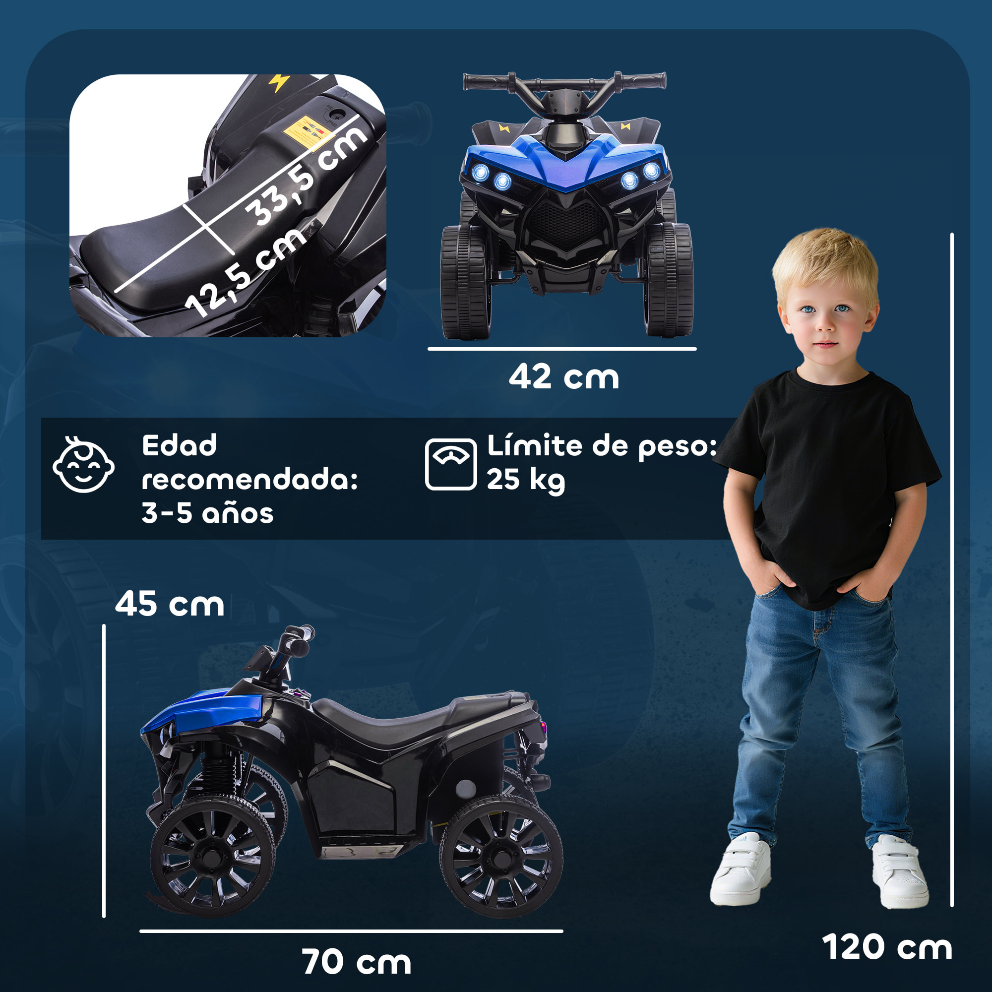 Quad Eléctrico para Niños 6 V, Quad para Niños de 37 a 72 Meses, Velocidad hasta 3â€¯km/h, con Faros y Música, Azul
