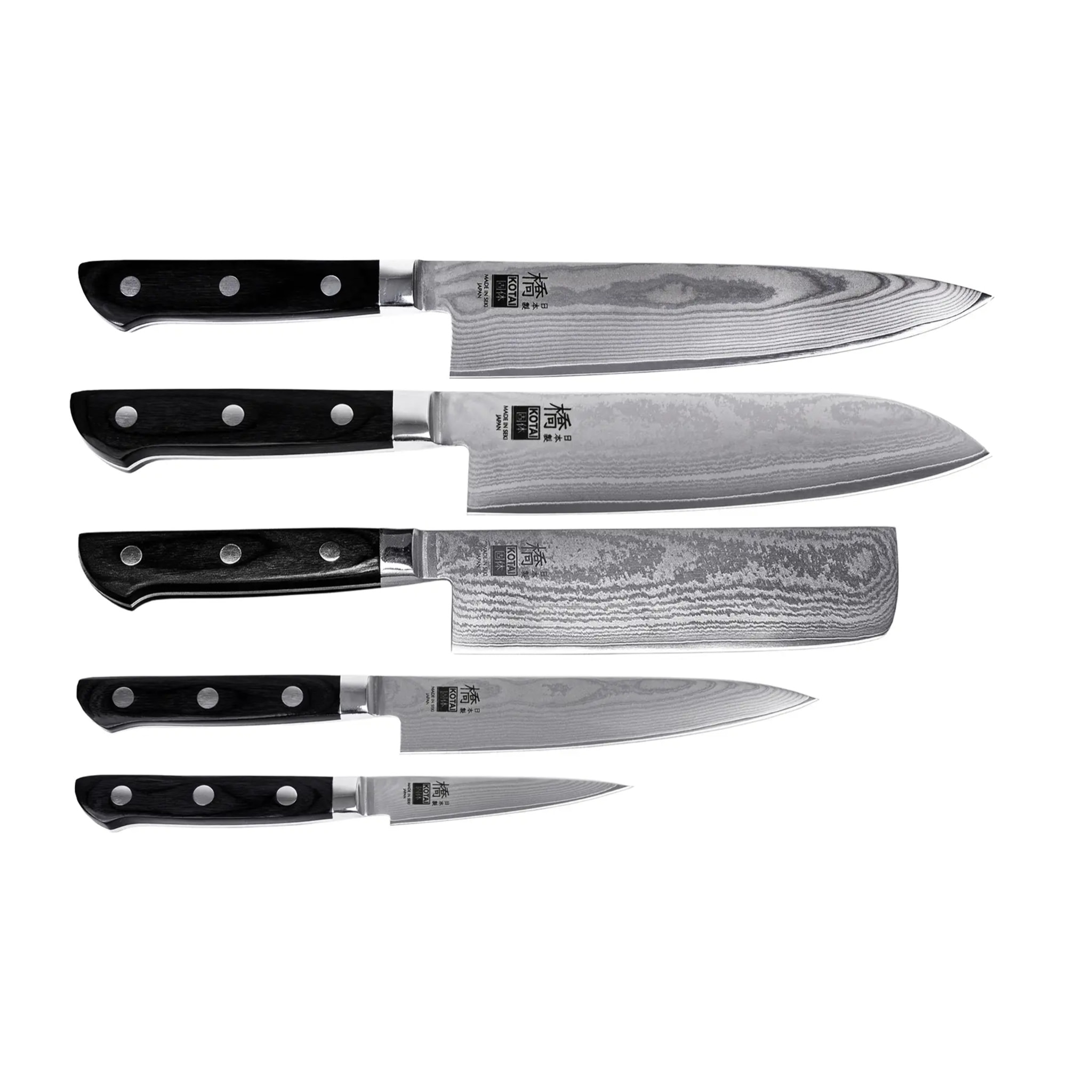 Il Set Completo: 5 coltelli (ufficio 9 cm + universale 15 cm + nakiri 16 cm + santoku 18 cm + gyuto 20 cm)