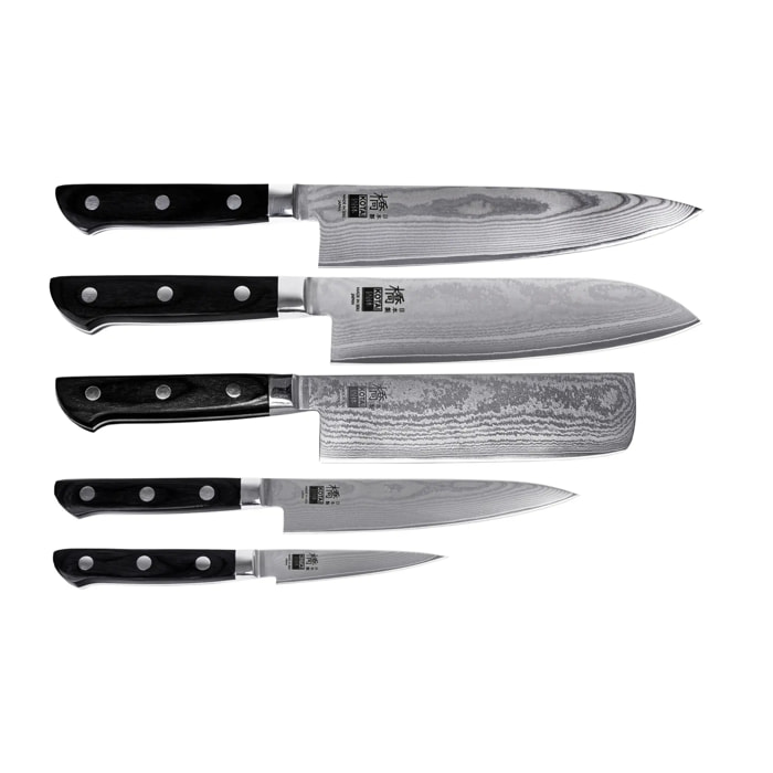 Il Set Completo: 5 coltelli (ufficio 9 cm + universale 15 cm + nakiri 16 cm + santoku 18 cm + gyuto 20 cm)