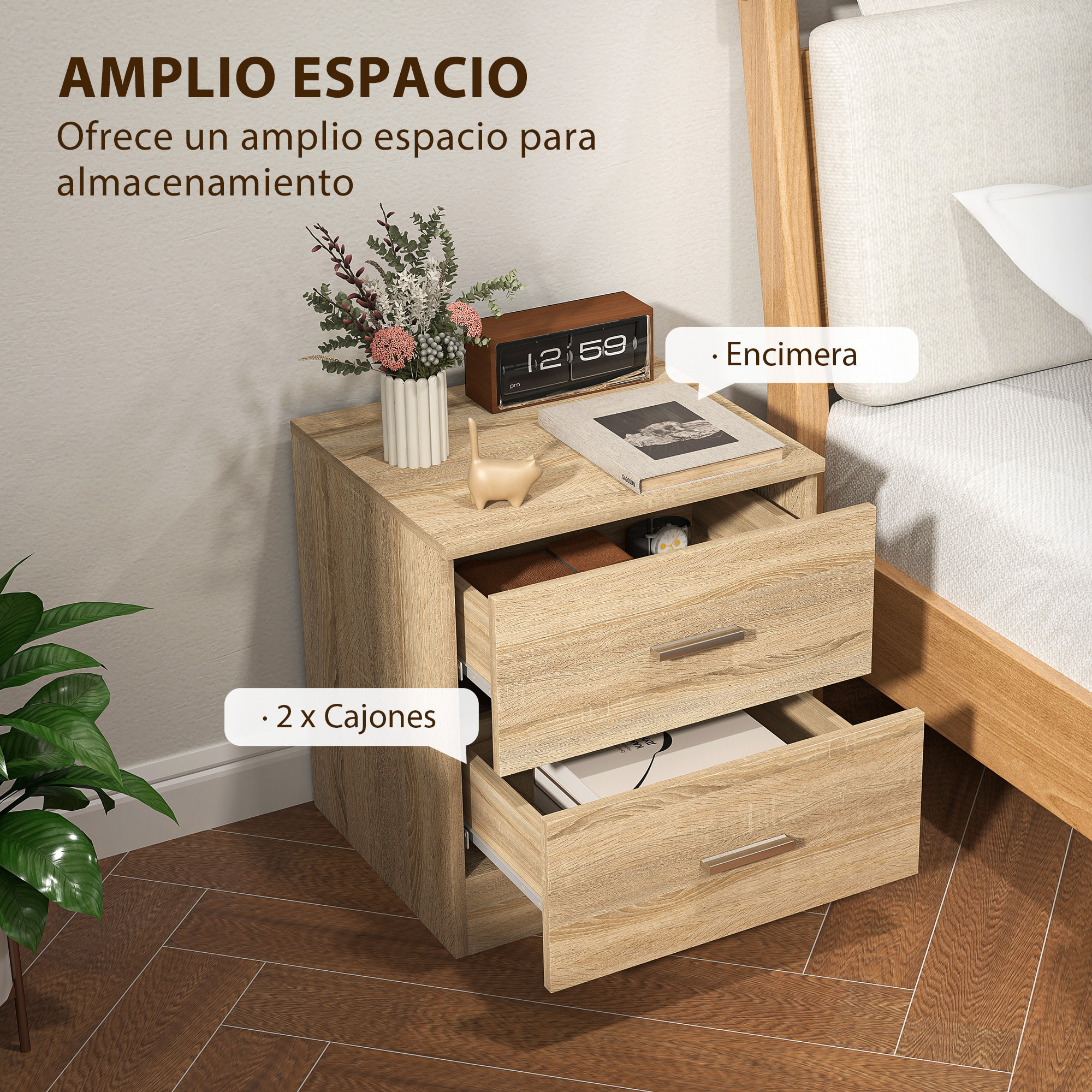 Mesita de Noche Moderna Mesilla de Noche con 2 Cajones Mesita Auxiliar para Salón Dormitorio Carga 30 kg 45x39,5x49 cm Natural