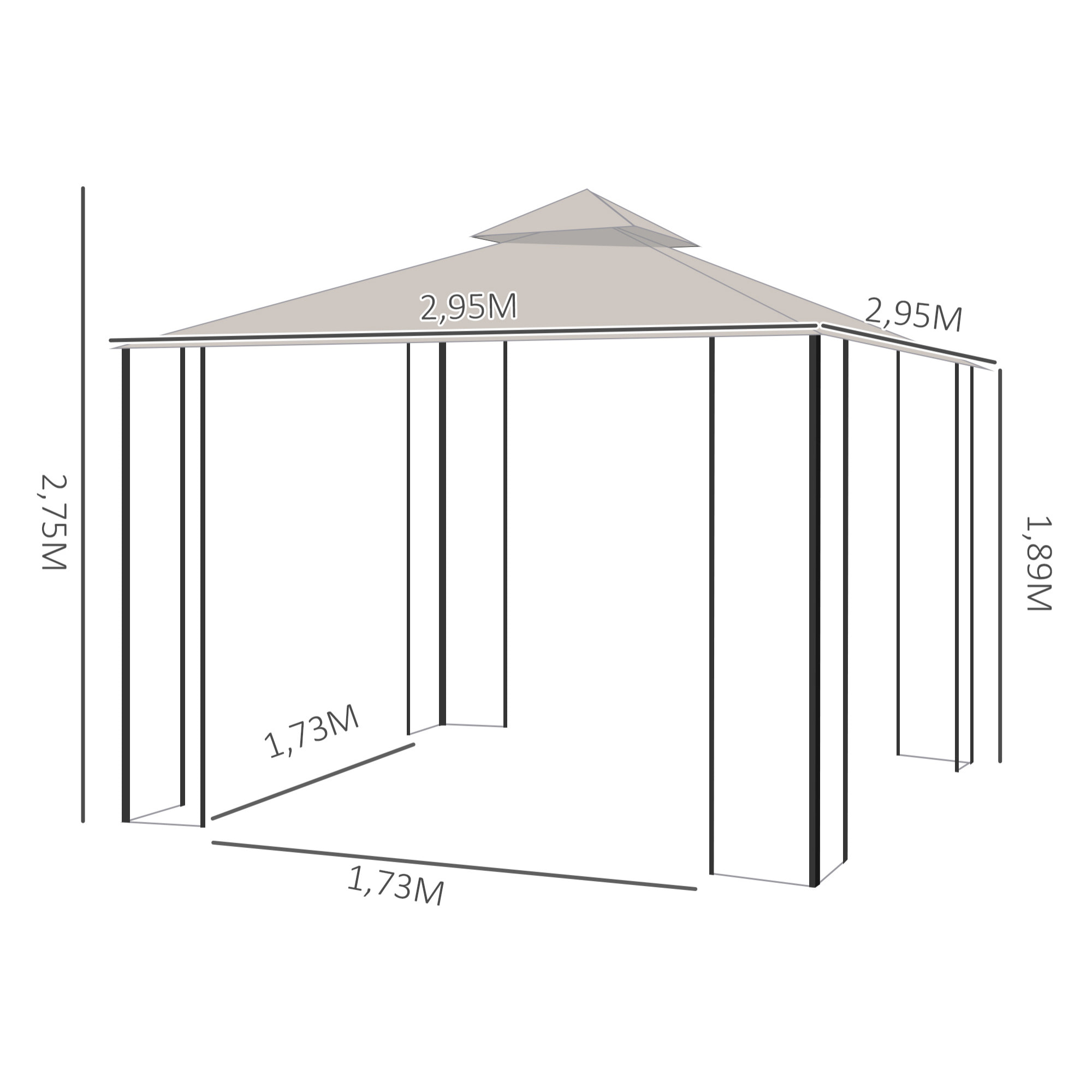 Cenador de Jardín 3x3m con 4 Cortinas Laterales de Cremallera Doble Techo Beige