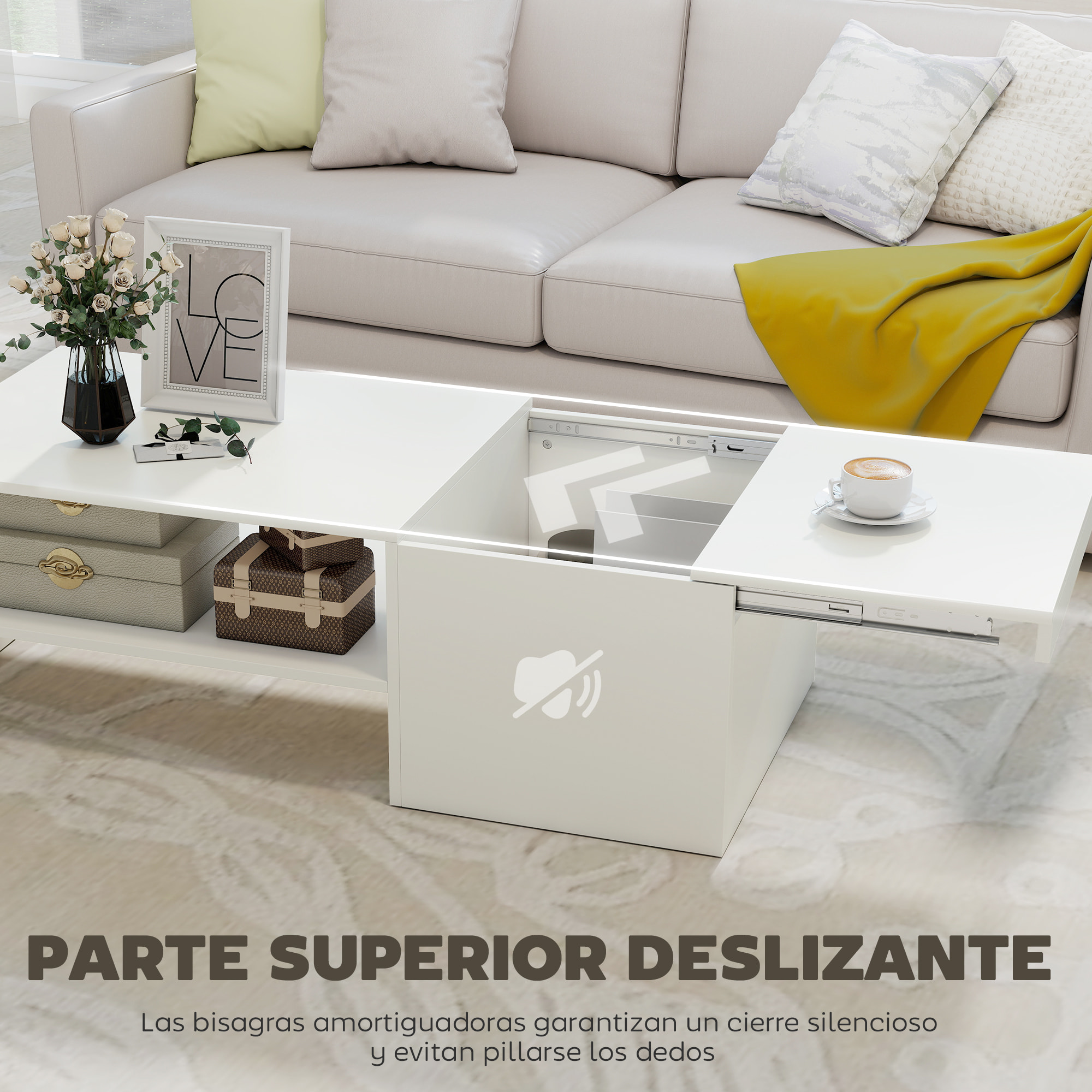 Mesa de Centro con Tablero Deslizante, Mesa baja para Salón Moderna con Compartimento Oculto, Estante Abierto, Mesa de Café para Comedor, Oficina, 110x52x36 cm, Blanco