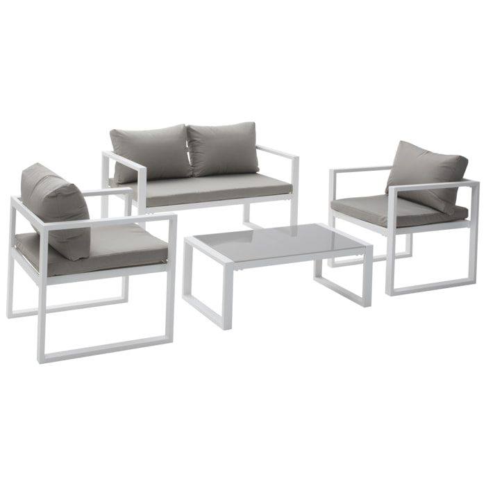 Salon de jardin IBIZA en tissu gris 4 places - aluminium blanc