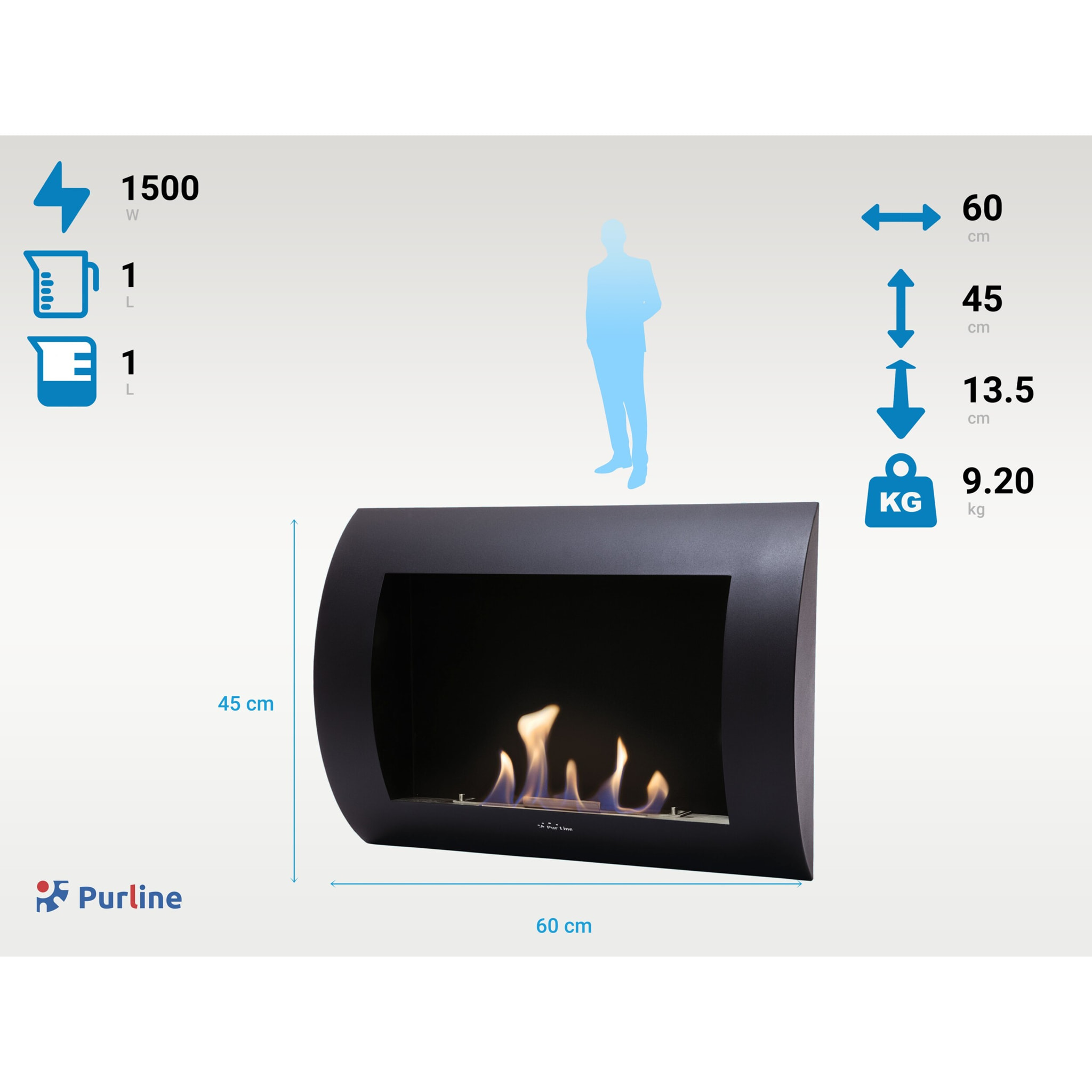 Chimenea de Etanol mural con panel frontal curvado INOX-CLASIC B PURLINE 1500 W