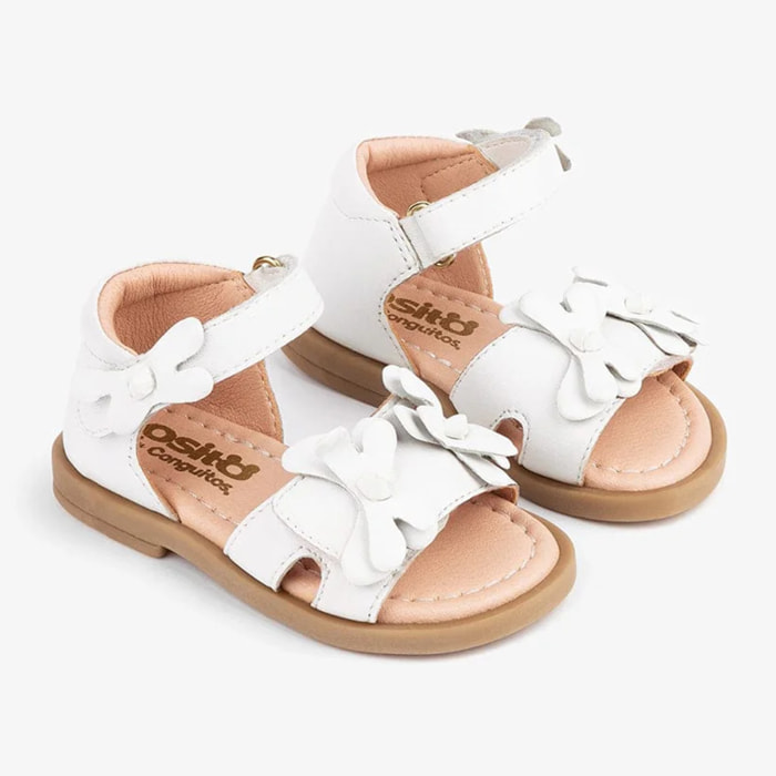 Sandalias blancas con flores para bebé, de piel