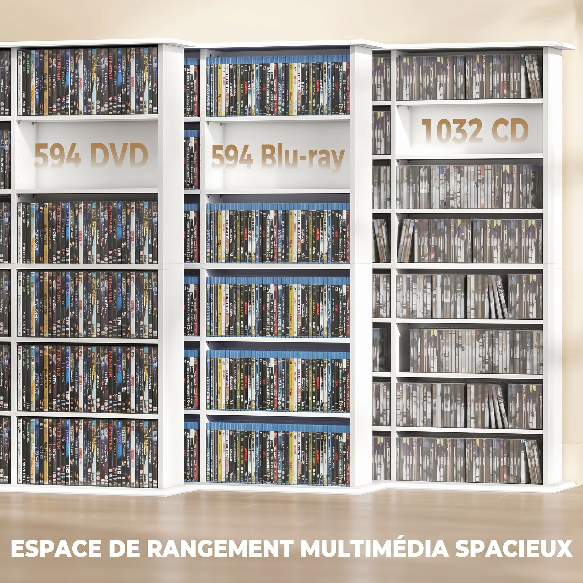 Rangement CD et DVD 24 compartiments 18 étagères réglables blanc