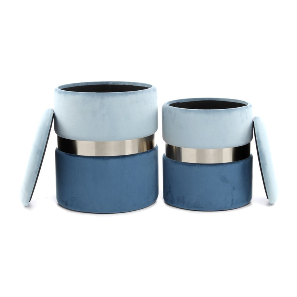 Set di 2 pouf contenitori Zora in velluto azzurro e argento