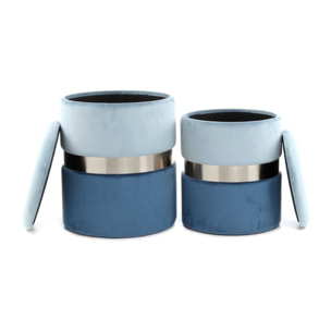 Set di 2 pouf contenitori Zora in velluto azzurro e argento