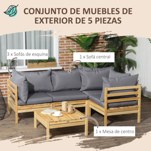 Conjunto de Muebles de Jardín de Madera 5 Piezas Juego de Muebles de Terraza Incluye 4 Sofás con Cojines Acolchados y Mesa de Centro para Patio Exterior Natural