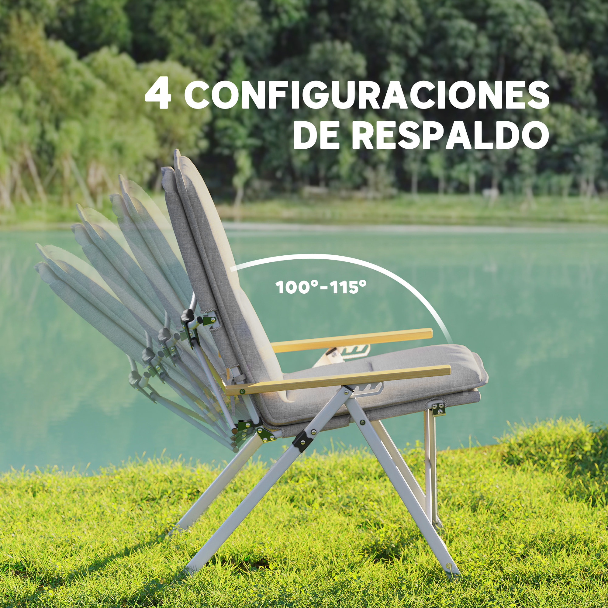 2 Sillas de Camping Plegables de Aluminio Sillas de Jardín Portátiles con Respaldo Alto Ajustable Reposabrazos de Madera y Bolsa de Transporte para Exterior 59x67x96 cm Gris Claro