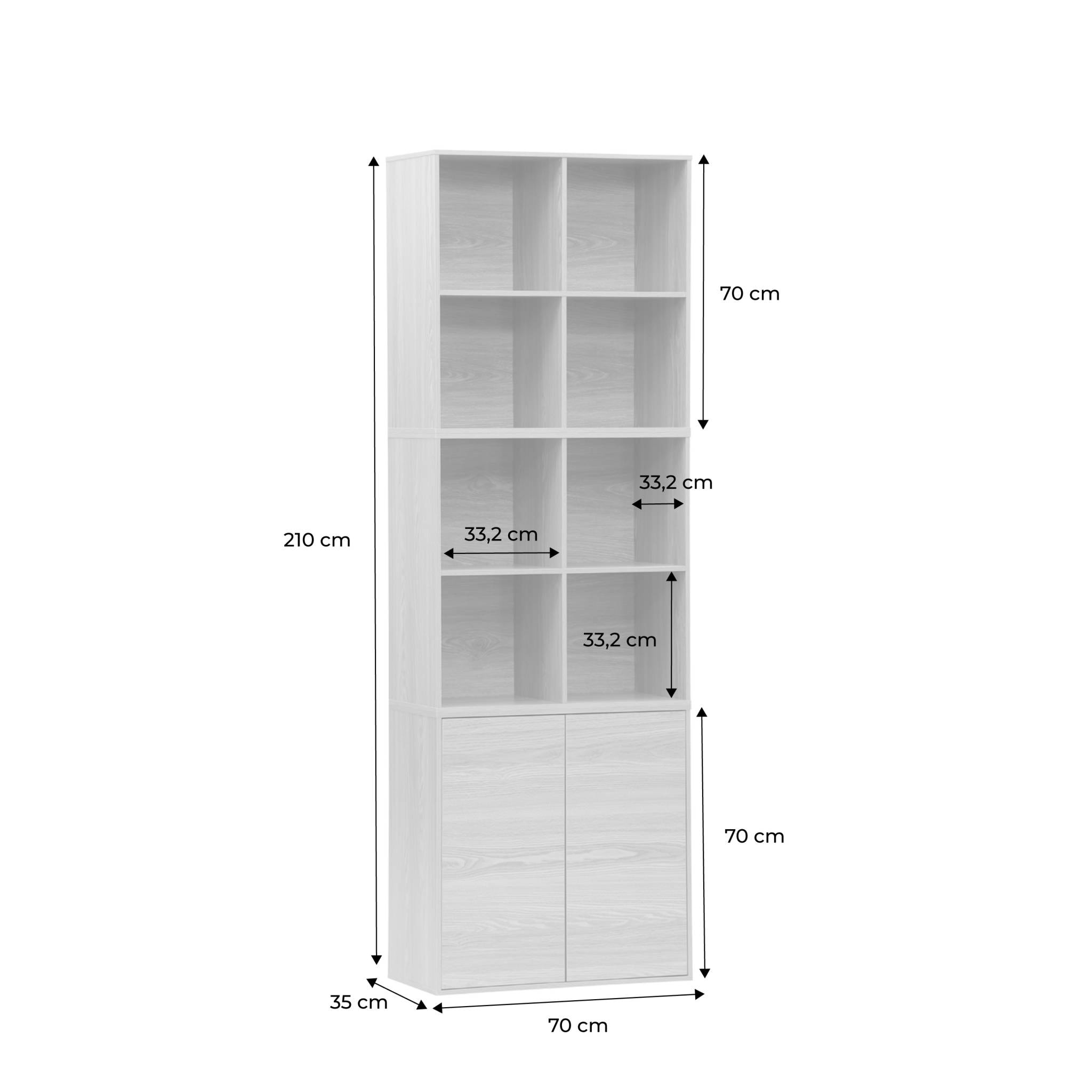 Etagère. bibliothèque modulable décor bois blanc 3 éléments - 2 portes 8 niches L 70 x P 35 x H 210cm - Kompo