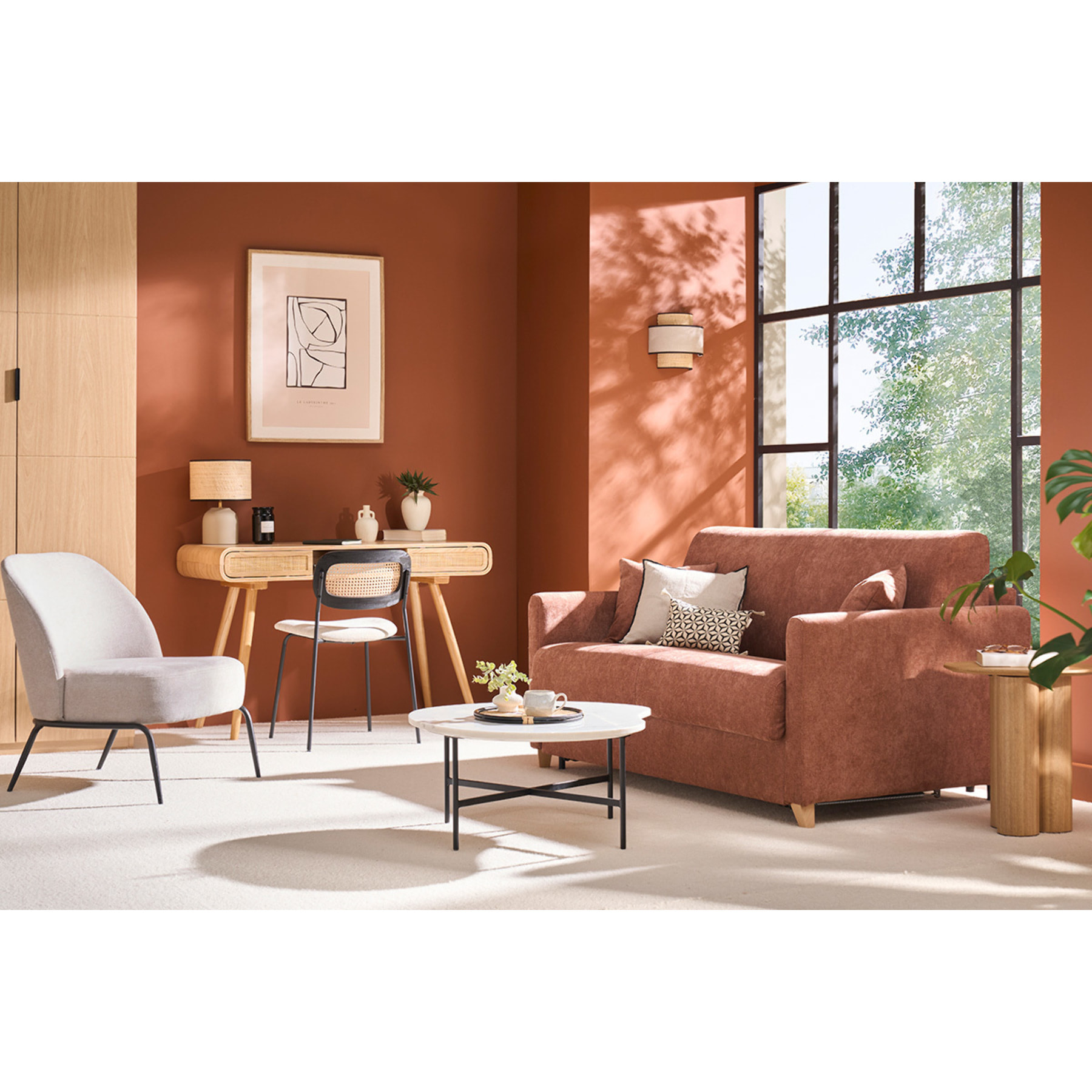 Canapé convertible 2-3 places en tissu gris et bois clair avec matelas 13 cm SKANDY