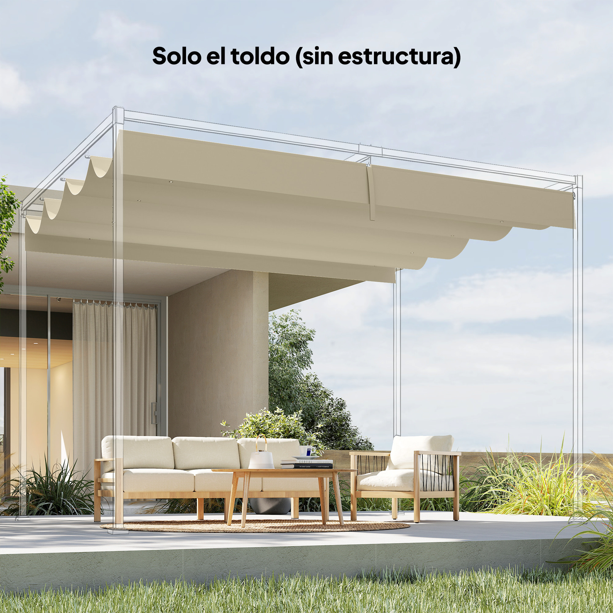 Techo de Pérgola 4 x 3,5 m, Techo de Repuesto Retráctil para Marco de Pérgola de 4x3 m, UV30+, Toldo de Tela Solo para Cenador Jardín con 8 Orificios de Drenaje, Blanco Crema