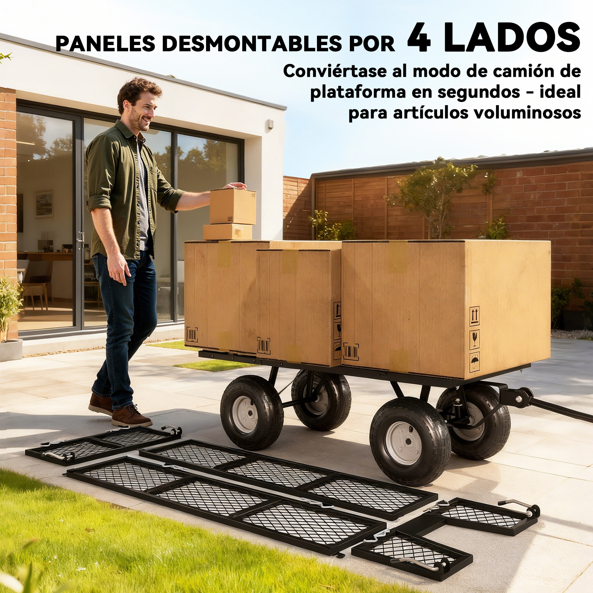 Carrito de Jardín con Ruedas Grandes, Carga 300 kg, Carro de Mano con Asa Ajustable y Bolsa Impermeable Removible, Carrito de Transporte para Todo Terreno, Compra, Camping, Verde
