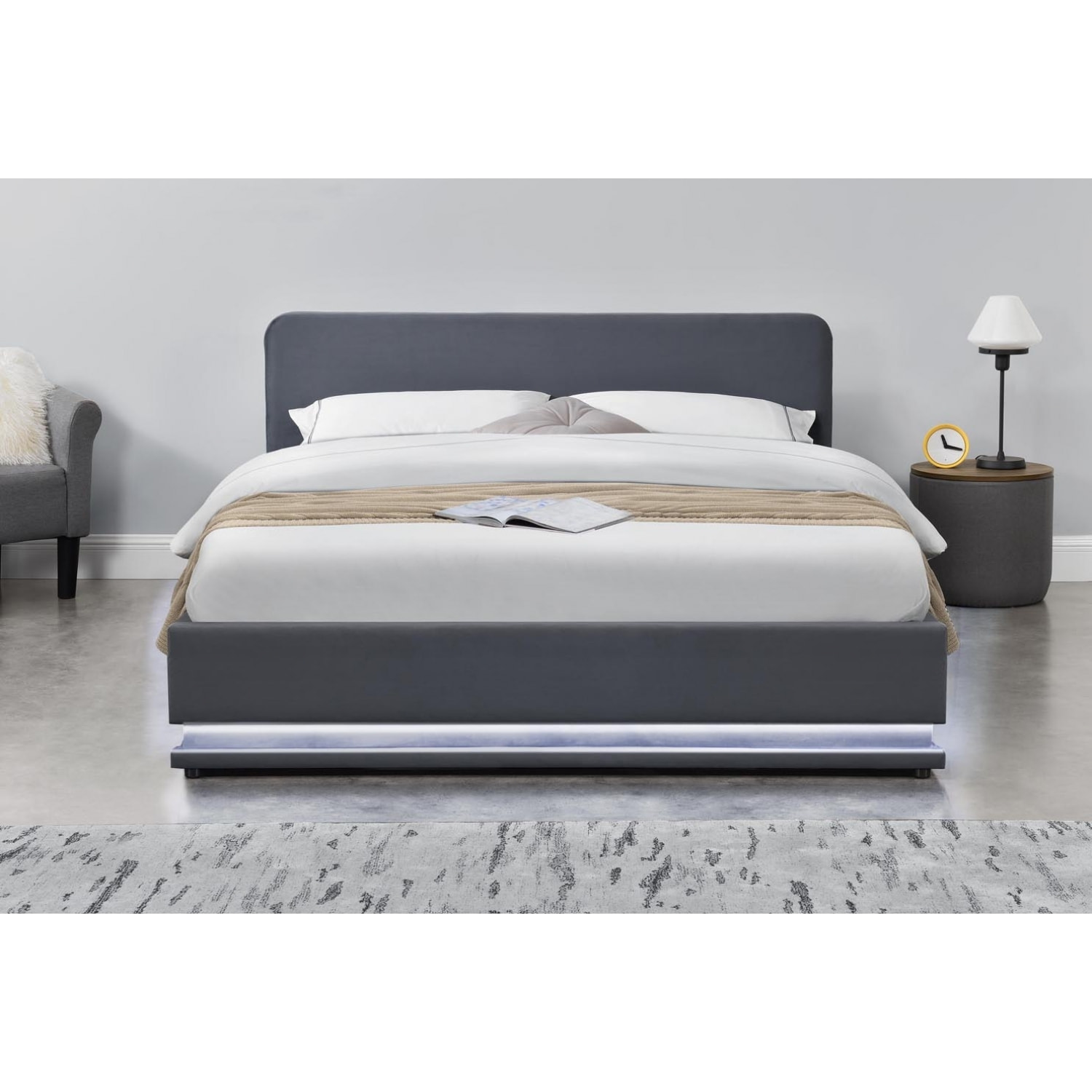 Lit avec led 160 x 200 cm en velours gris ALICANTE