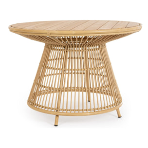 Tavolo da giardino LAMEGO rotondo in teak naturale e fibra effetto rattan, Ø110 cm