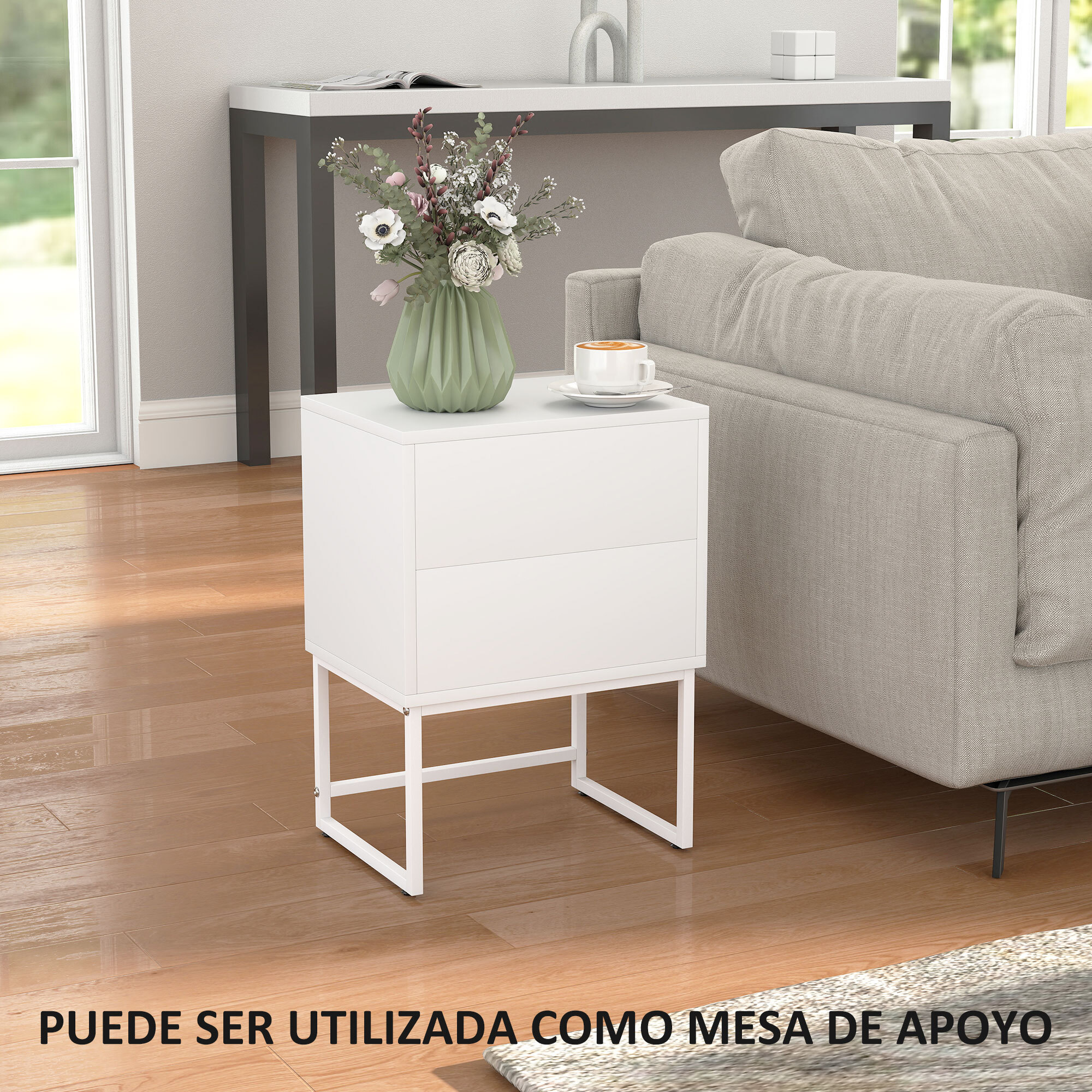 Pack de 2 Mesitas de Noche Estrechas Mesillas de Noche Dormitorio con 2 Cajones Apertura por Presión y Patas de Acero Estilo Moderno 40x30x55 cm Blanco