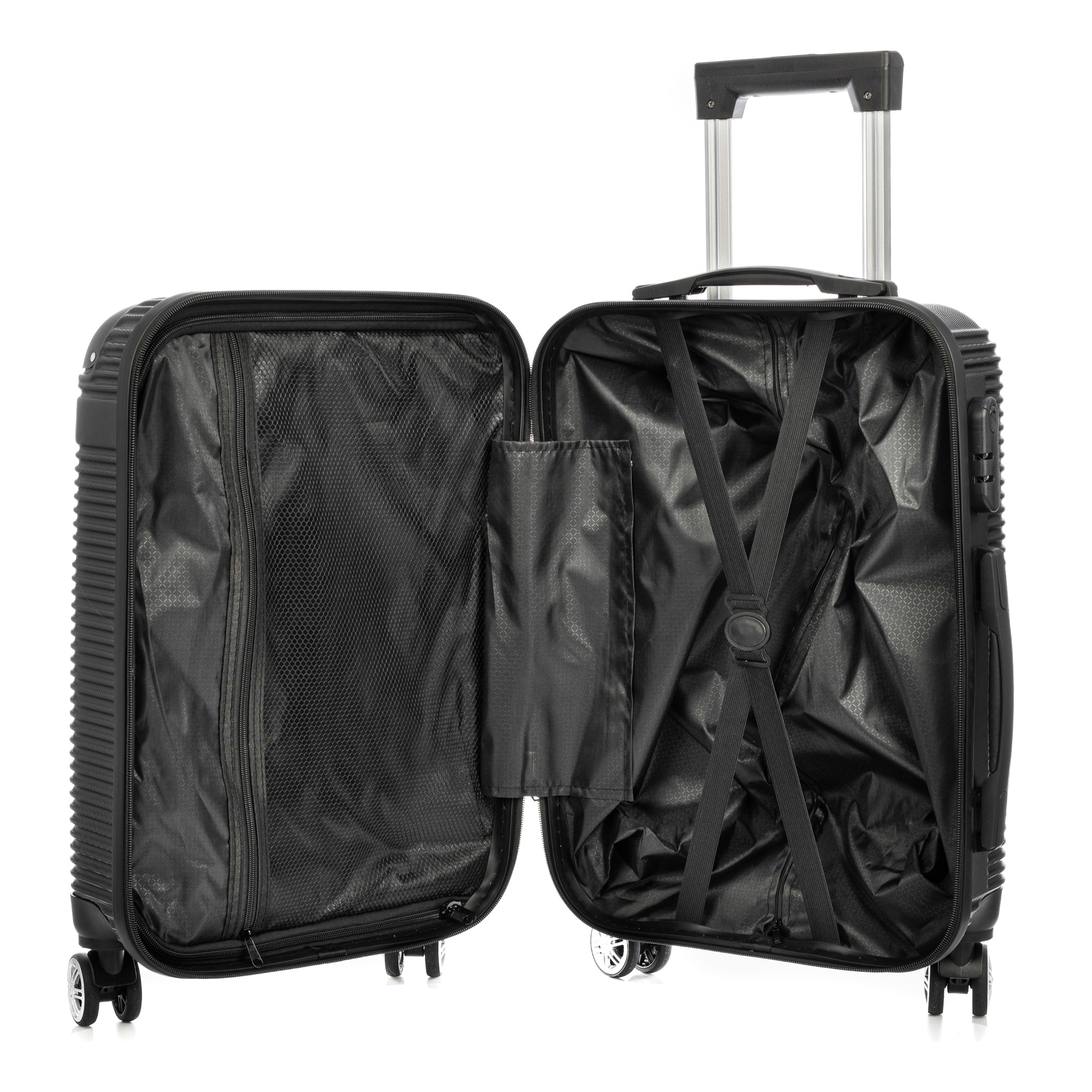 Set di 3 valigie Trolley, realizzato in materiale leggero ABS ad alta resistenza con angoli rinforzati. Chiusura numerica e 4 ruote doppie girevoli a 360°.