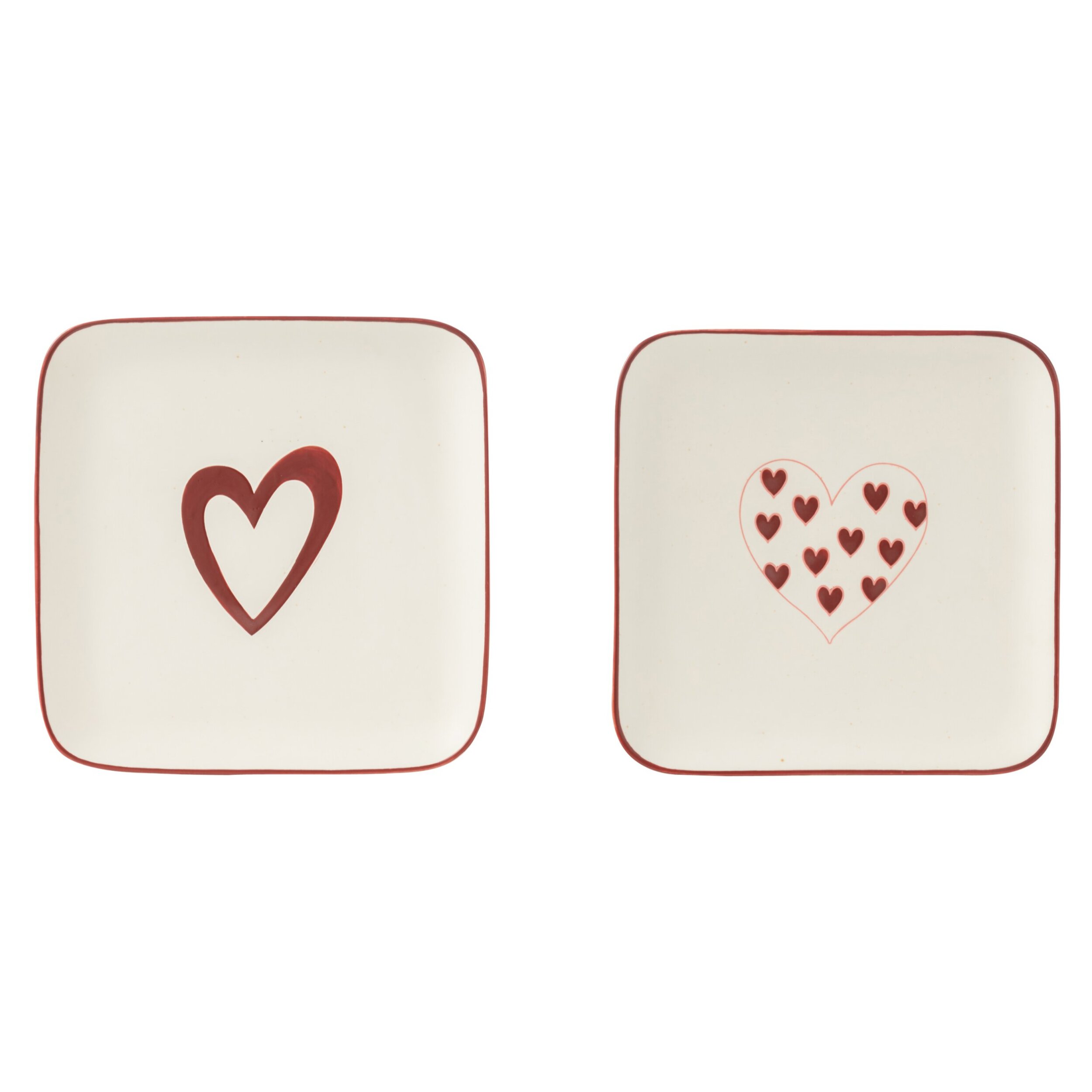 J-Line assiette Cœurs - porcelaine - blanc/rouge - 2 pièces