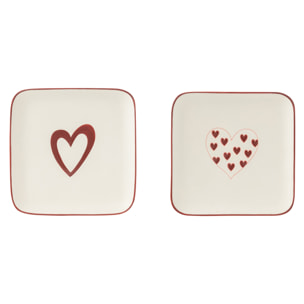 J-Line assiette Cœurs - porcelaine - blanc/rouge - 2 pièces