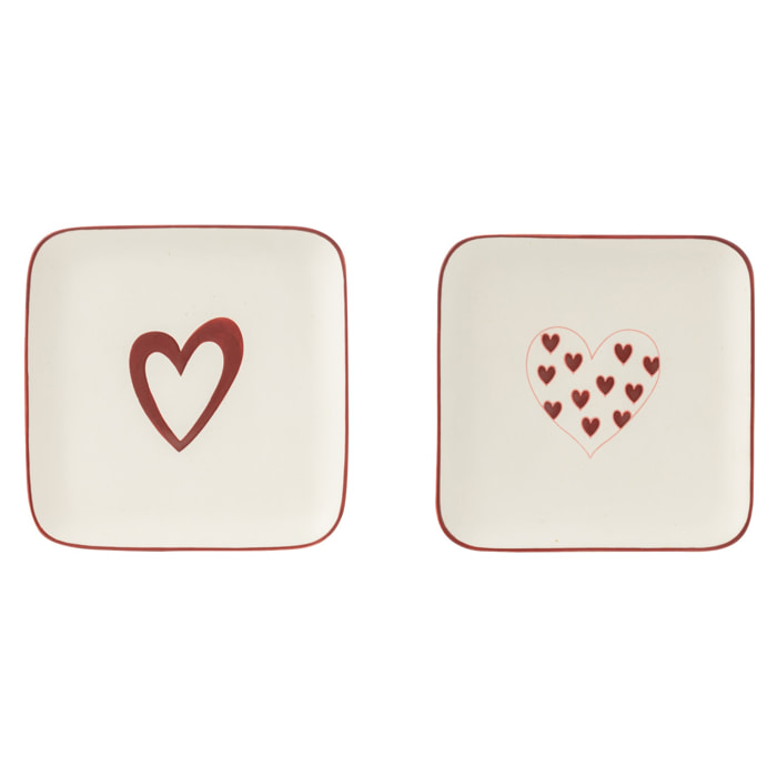 J-Line assiette Cœurs - porcelaine - blanc/rouge - 2 pièces