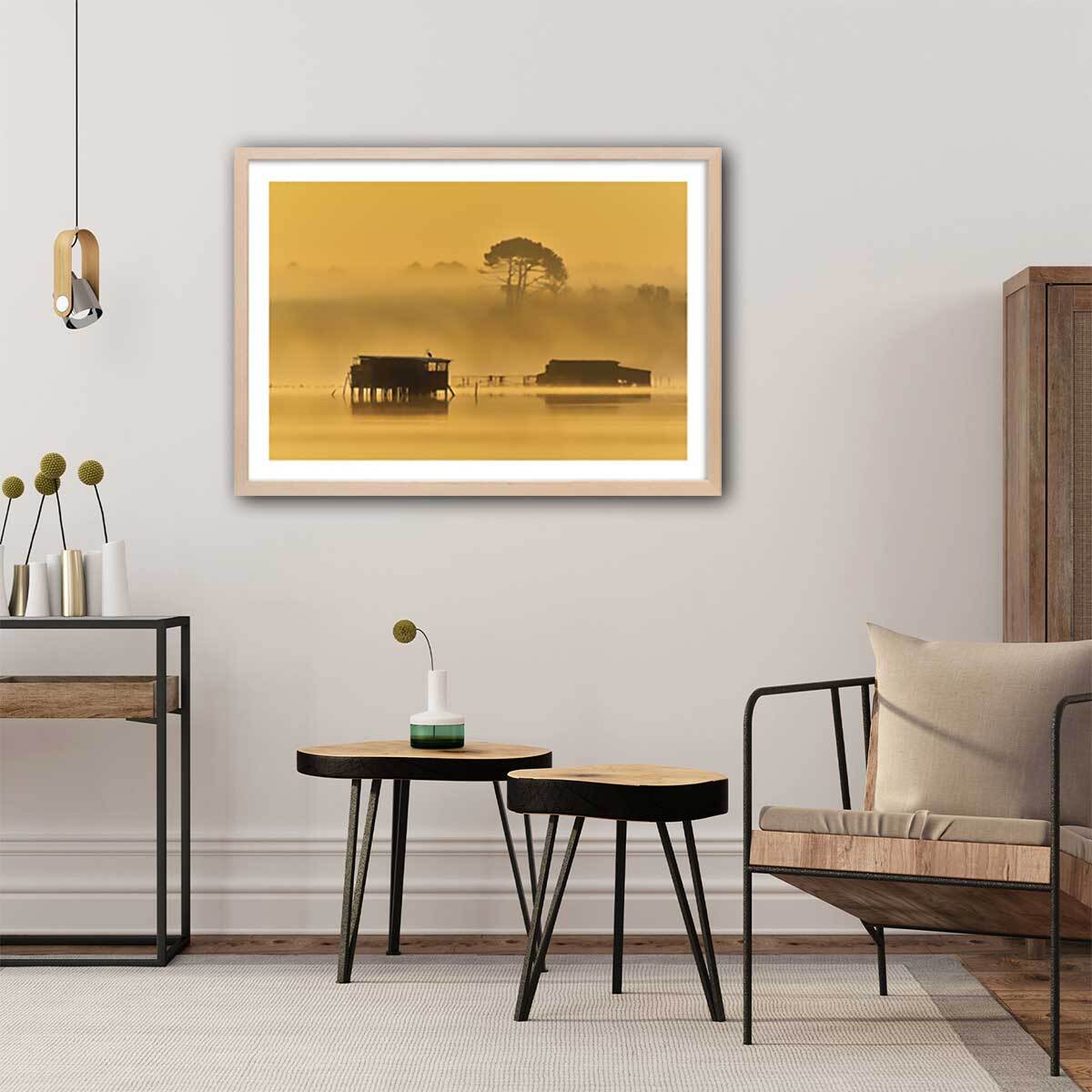 Affiche photo tonne landaise au petit matin Affiche + cadre en bois - Chêne