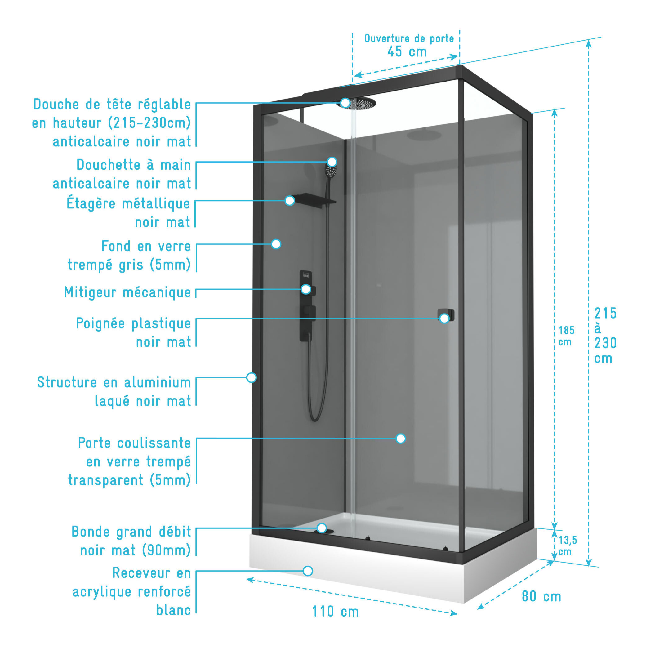 Cabine de douche 110x80x215 cm - Fonds Gris Profilés Noir Mat - FOGGY