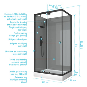 Cabine de douche 110x80x215 cm - Fonds Gris Profilés Noir Mat - FOGGY