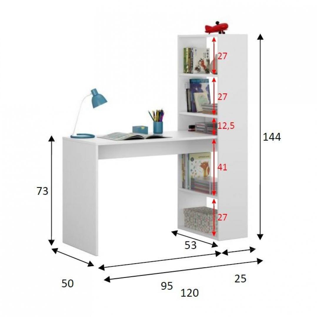 Scrivania Denton, Scrittoio multifunzione reversibile con libreria a 5 ripiani, Tavolo da studio o ufficio porta PC portalibri, cm 120x53h144, Bianco