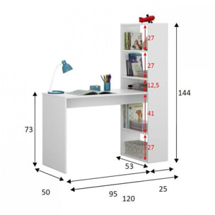 Scrivania Denton, Scrittoio multifunzione reversibile con libreria a 5 ripiani, Tavolo da studio o ufficio porta PC portalibri, cm 120x53h144, Bianco