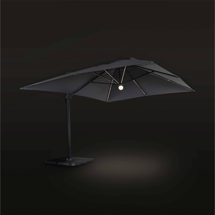 Parasol déporté solaire LED rectangulaire 3x4m haut de gamme - Luce Gris - Parasol excentré inclinable. rabattable et rotatif à 360°. chargeur solaire