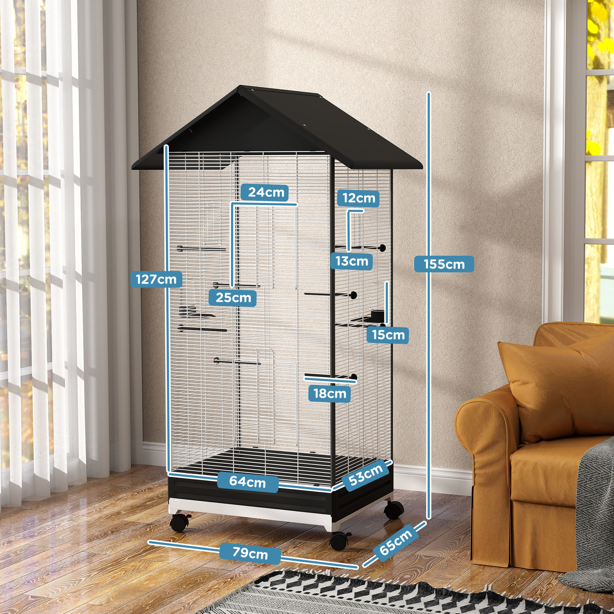 Jaula para Pájaros con Ruedas Pajarera Metálica con Bandeja Extraíble 4 Puertas 2 Comedores 8 Perchas para Canarios Periquitos 79x65x155 cm Negro