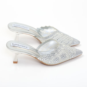 Sandali in simil pelle con tacco a rocchetto e tomaia gioiello