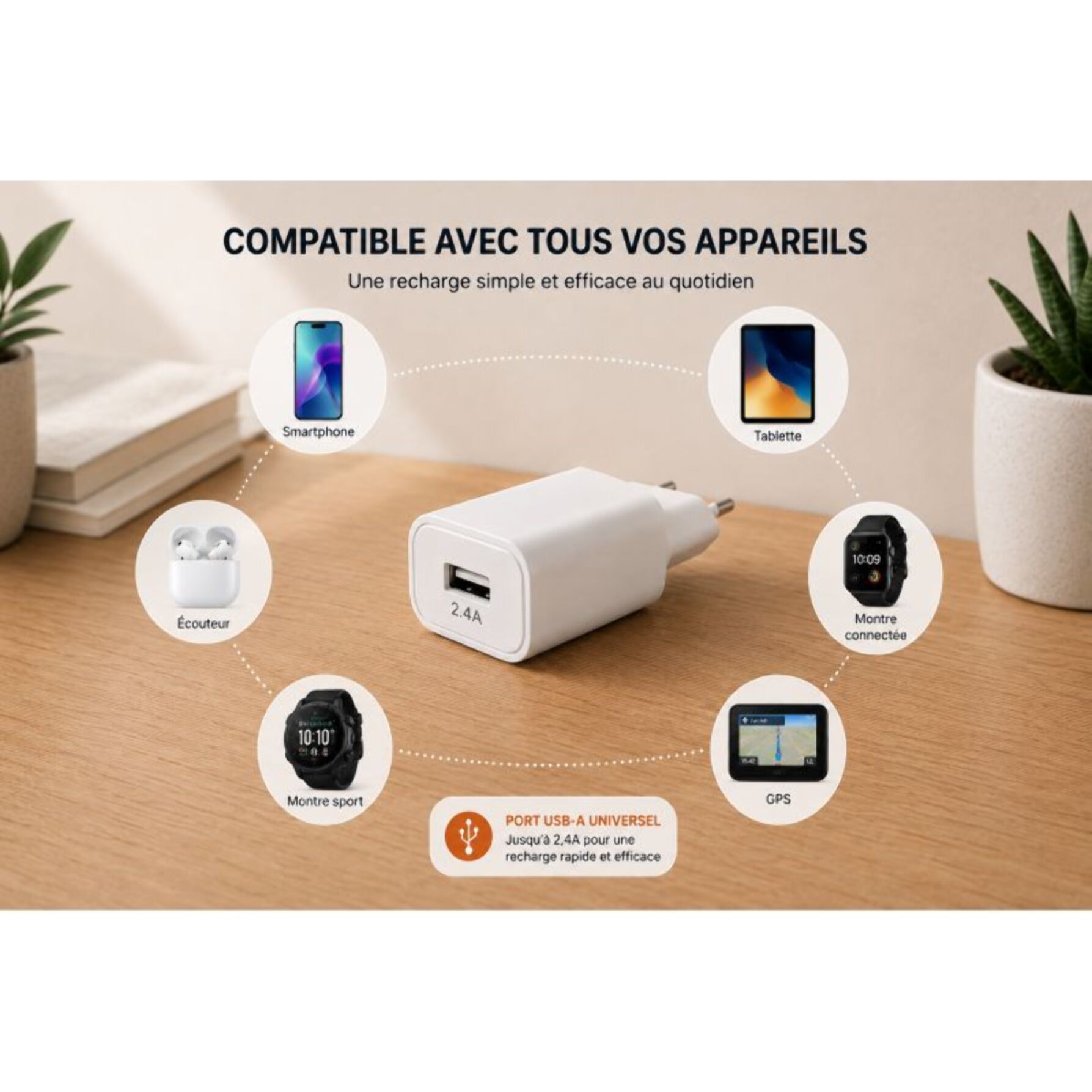 Chargeur ESSENTIELB 12W USB-A Blanc compatible iPhone 17 16 15 Pro Max et Samsung Galaxy