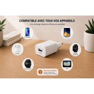 Chargeur ESSENTIELB 12W USB-A Blanc compatible iPhone 17 16 15 Pro Max et Samsung Galaxy