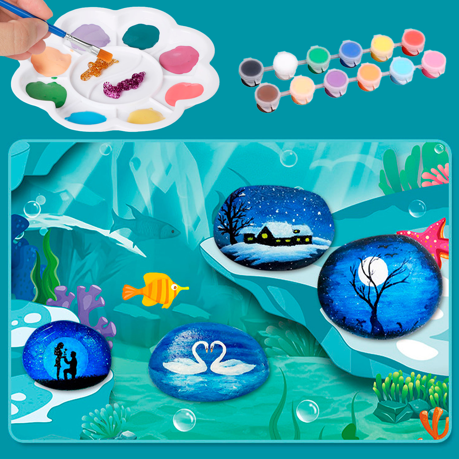 Kit creativo de pintura para piedras, con efecto de brillo en la oscuridad. Incluye pinceles, 12 pinturas, pegatinas, ojos saltones y polvos decorativos.