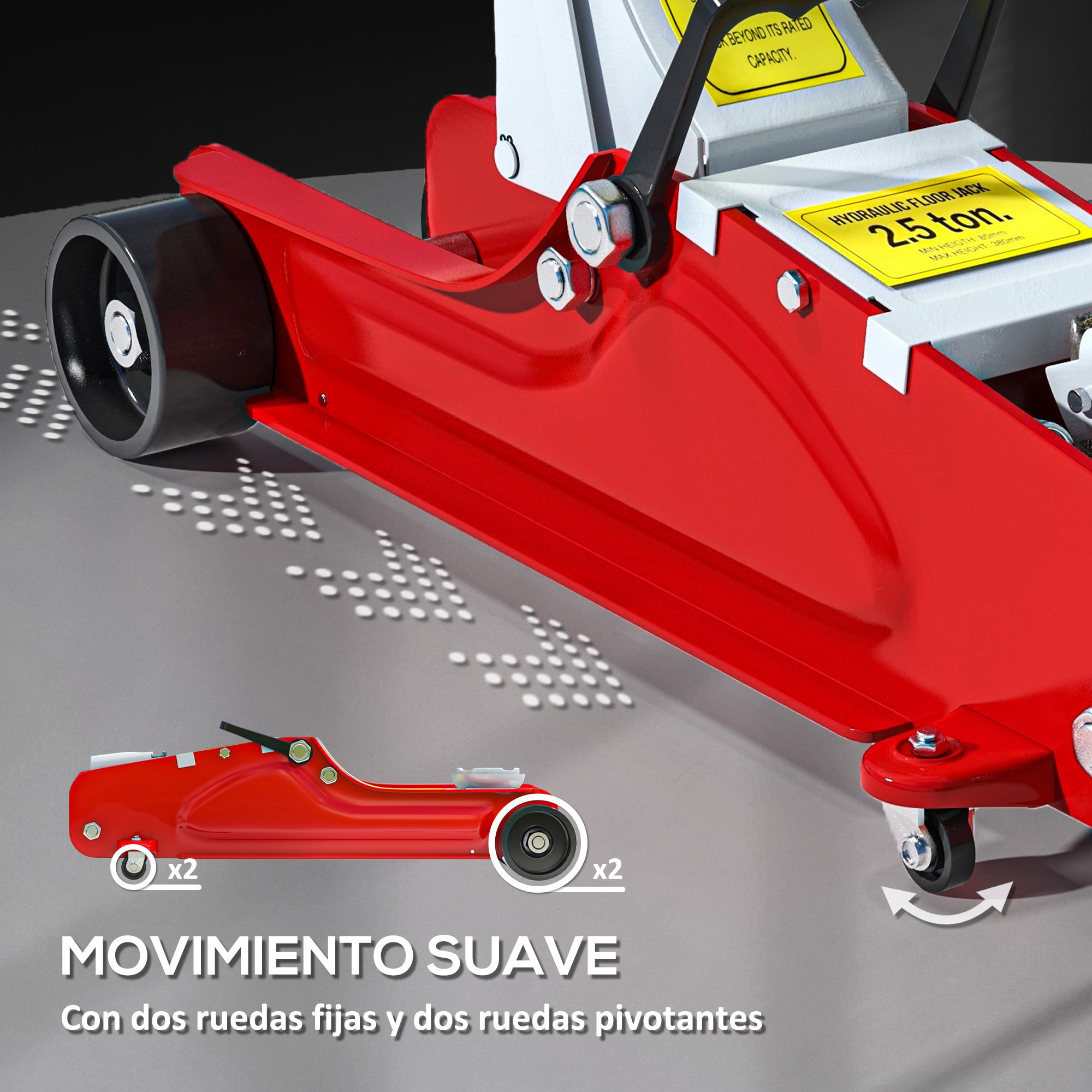 Gato Hidráulico 2,5T, Altura de Elevación 80-380 mm, Gato Hidráulico para Coche Robusto con Perfil Bajo, Ruedas Móviles, Compacto y Portátil, para Automóvil, SUV, Talleres, Garaje