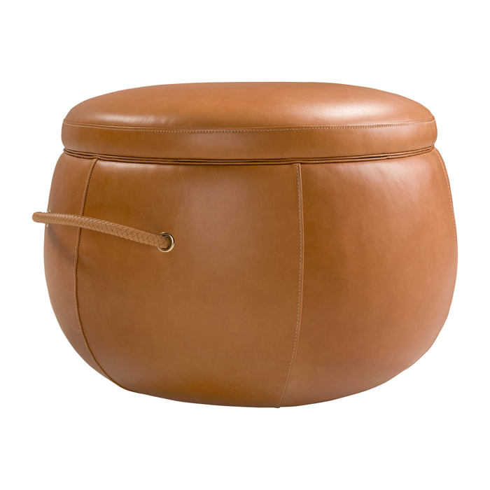 Puff con asiento tapizado en piel de origen vacuno en camel 63x63x47cm