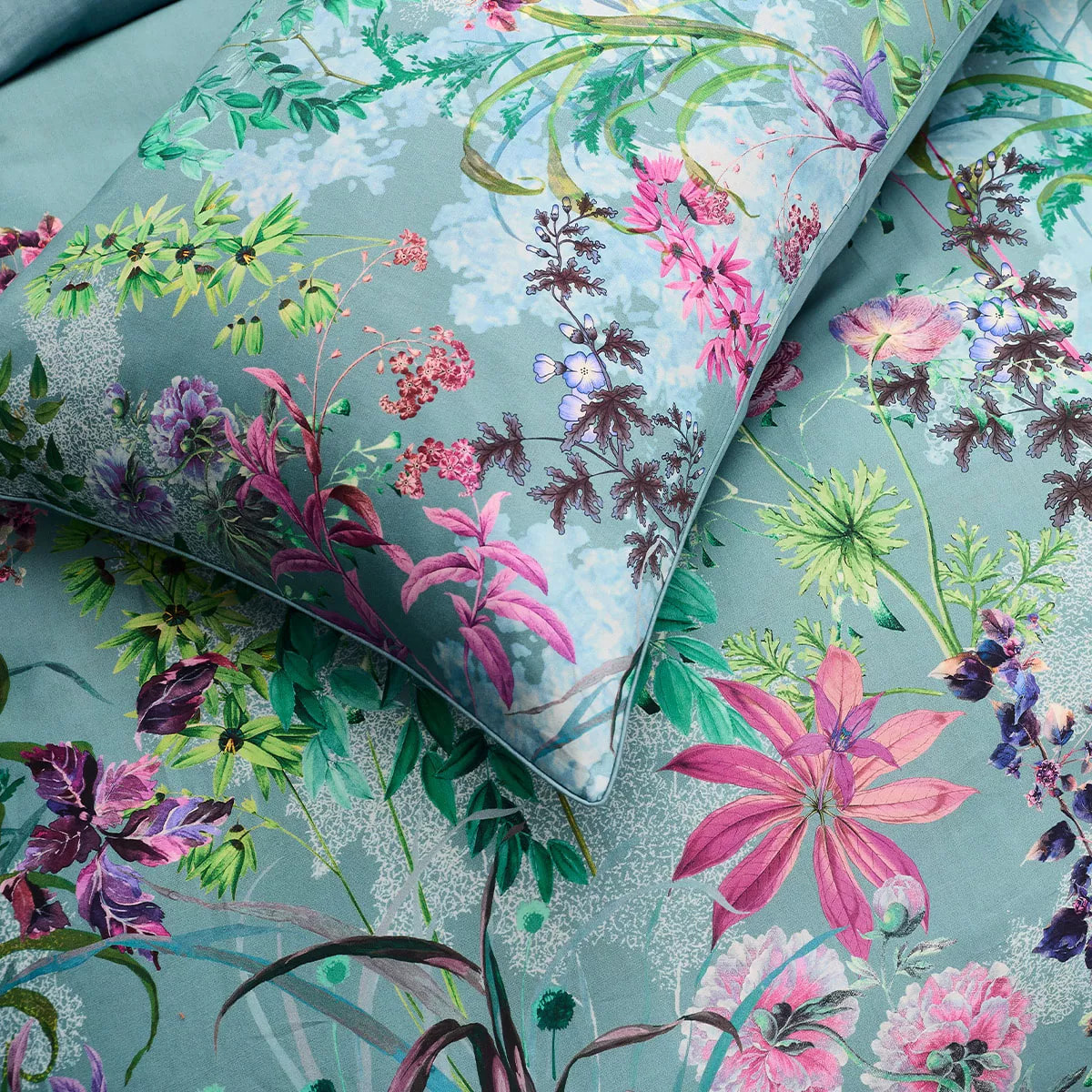 Lot h.couette +taies satin de coton 90 fils/cm² 115 g/m² imprimé bleu violet Ombres boisees givre