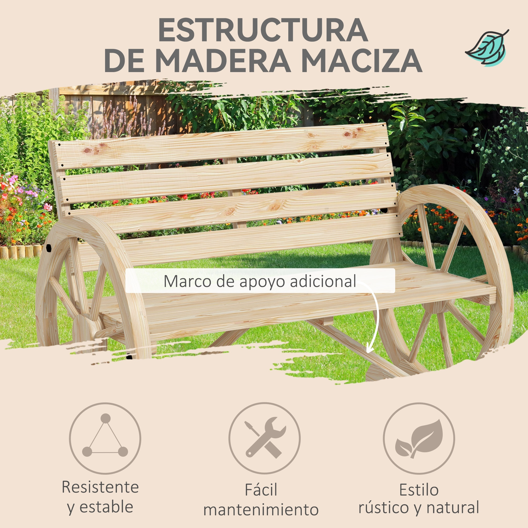 Banco de Jardín de Madera, Banco de Exterior con Reposabrazos en Forma de Rueda, Estilo Rústico, Carga 240 kg, de 2 Plazas, para Patio, Terraza, 105,5x56x79 cm, Madera Natural