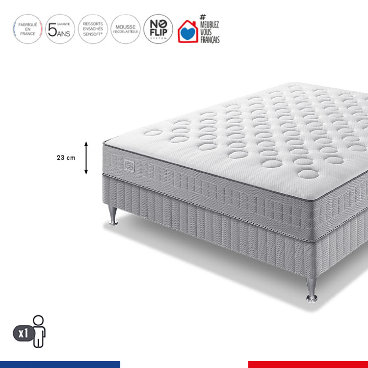 Ensemble INITIAL matelas H23 ressort ensachés, ferme, sommier