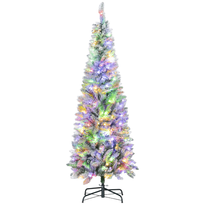 Árbol de Navidad Estrecho 180 cm, Árbol de Navidad Nevado con Luces LED Bicolores, 11 Modos de Iluminación, 479 Ramas, Soporte Metálico, Fácil de Montar, Verde