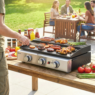 Barbacoa de Gas BBQ Gas con 3 Quemadores 7,5 kW, Barbacoa Portátil con Plancha, Rejilla Calentadora y Recogedor Grasa, para Camping, Picnic, Terraza, Negro