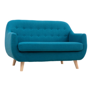 Canapé scandinave déhoussable 2 places en tissu bleu canard et bois clair YNOK